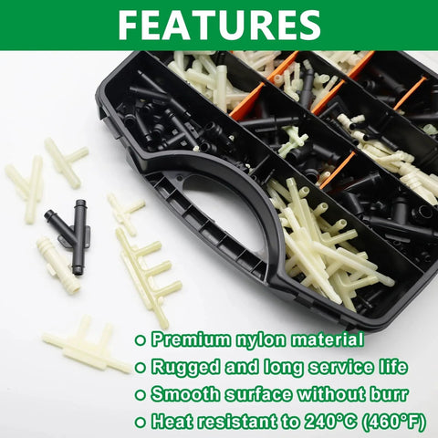 32 Sizes Vacuum Connector Kit For Cars And Trucks Nylon Vacuum Line Fittings Set One Eighth Inch Three Sixteenths Inch One Quarter Inch Five Sixteenths Inch Three Eighths Inch For DIY Auto Repair Windshield Washer Hose And Tube Maintenance in open organizer with nylon connectors visible.