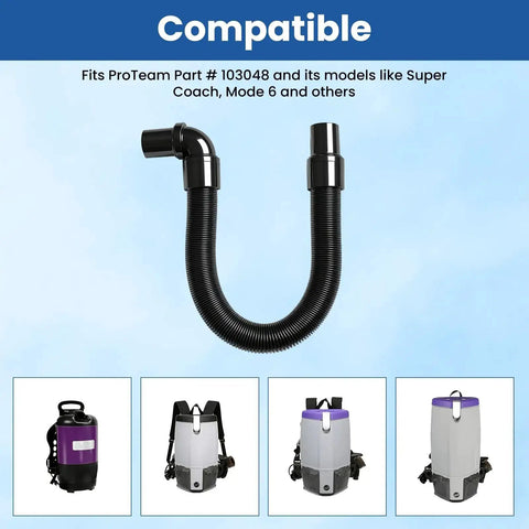 Static Dissipating Backpack Vacuum Hose With One And A Half Inch Cuffs, Sixteen Inch Length, 90 Degree Elbow, Compatibility Shown