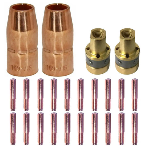 0.030 Inch MIG Welding Gun Accessory Kit With 20 Contact Tips 000-067, 2 Gas Nozzles 169-715, And 2 Gas Diffusers 169-716 For Millermatic M-10 M-15 And Hobart H-9 H-10 Welders Replacement Parts For Your Workshop, showing tips, nozzles, and diffusers.