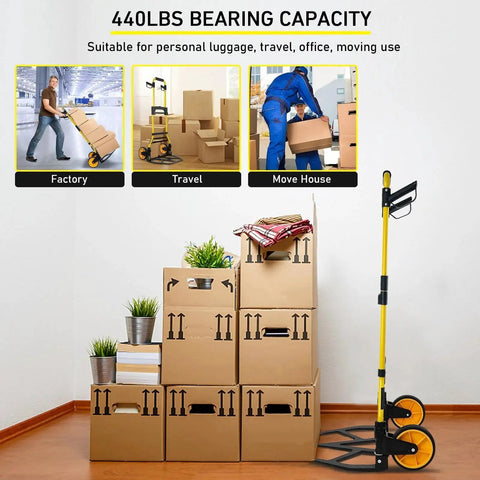 Foldable Aluminum Hand Truck Dolly With 440lbs Capacity next to stacked boxes, ideal for travel and moving heavy loads.