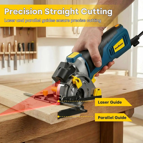 Powerful Mini Circular Saw With Laser Guide, 600W Corded, 5,500 RPM, Three And A Half Inch Blade Set in use on wood