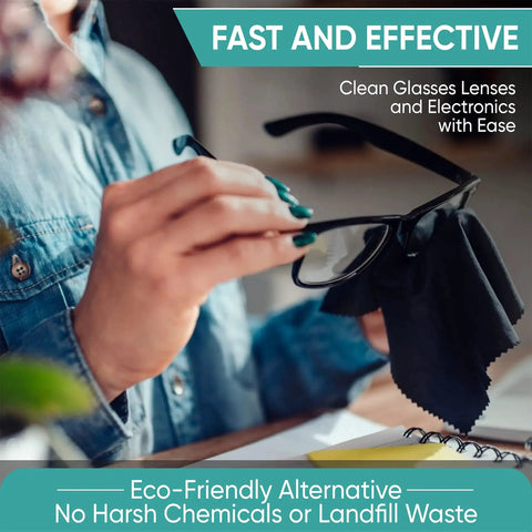 Person using 12 Pack Microfiber Cleaning Cloths For Glasses Phones Screens Lint Free to clean eyeglasses lens.