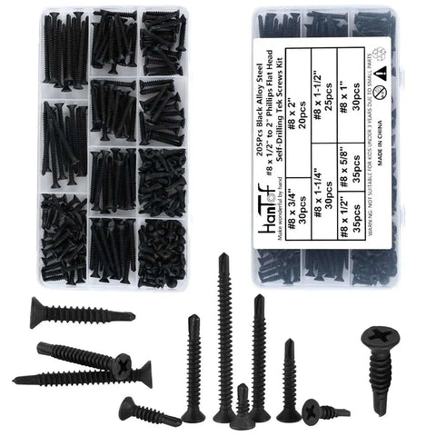 205 Pieces Black Flat Head Self Drilling Screws Set For Metal And Woodworking in plastic box, showing various sizes.