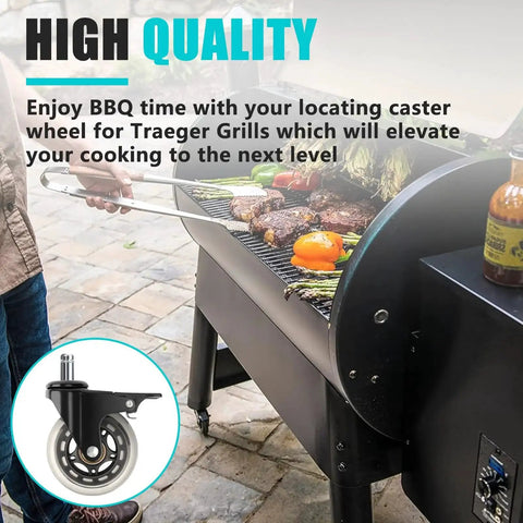 Person grilling on barbecue with close-up of 3 Inch Swivel Caster Wheel With Brake Replacement For Pellet Grills HDW302 Universal Compatibility.