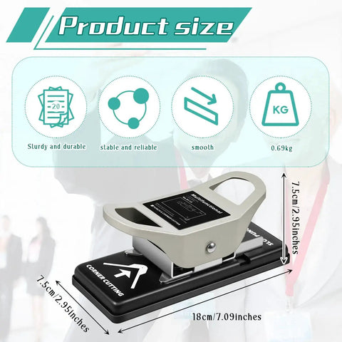 2 In 1 ID Badge Slot Hole Punch For 3x13mm Slots And R5 Card Corner Trimmer Handheld DIY Time Saver Tool image showing product size and features like 18cm and 0.69kg.