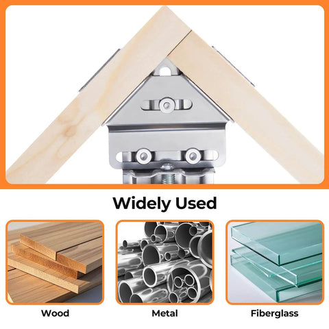 Stainless Steel Right Angle Clamp Set, Two-Piece 90 Degree Corner Clamps shown with wood, metal, and fiberglass usage.
