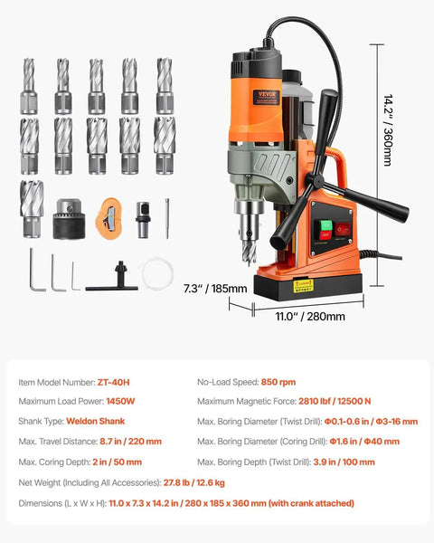 Portable Magnetic Drill Press With 1300W Copper Motor 810 RPM 1.57 Inch Boring Capacity 11-piece drill bit set shown