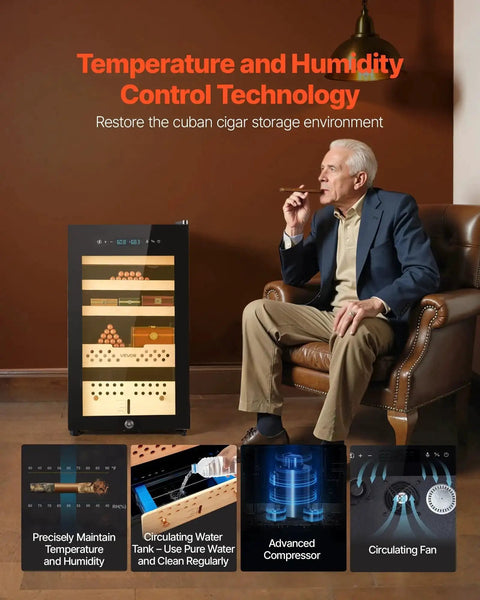 Man sitting beside Dope Electric Cigar Humidor Cabinet With Compressor Cooling 70 Liter Capacity Holds 400 Cigars in home setting.