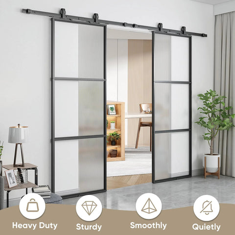 Two In One Double Barn Door Set 60 Inch By 84 Inch With 10 Ft Hardware Kit And Soft Close Reeded Glass Carbon Steel Frame installed in living room
