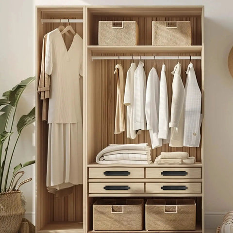 Wardrobe with 30 Pcs Self-Stick Cabinet Drawer Handles Pulls Black Peel And Stick Plastic Adhesive Door Handles, clothes hanging and baskets