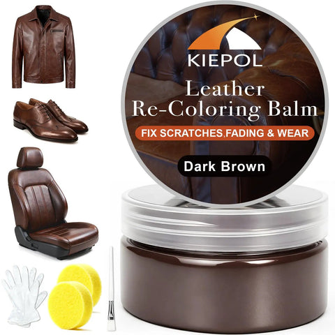 Dark Brown Leather Repair Kit With Recoloring Balm And Dye for scratches, fading, and worn leather or vinyl on couches and car seats.