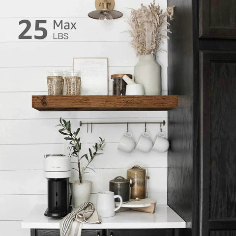 Rustic Farmhouse Bathroom Floating Shelves Over Toilet Set Of 2, 15.7 Inch Wide MDF with steel brackets holding decor and mugs