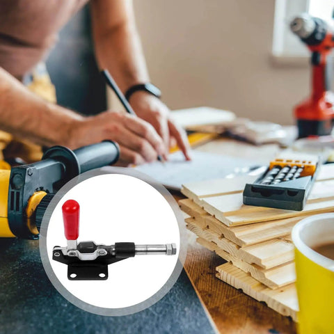 Push Pull Toggle Clamp With 42mm Stroke Horizontal Quick Release Hand Tool for woodworking and welding shown in workshop setting.