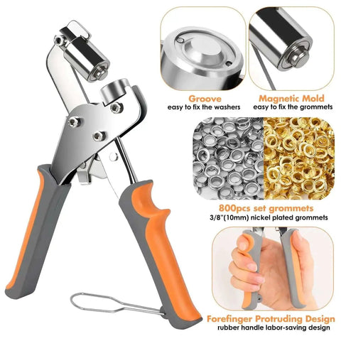 3/8 Inch Grommet Tool Kit With 800 Eyelets And Grommets, handheld metal pliers with ergonomic handle and nickel-plated grommets