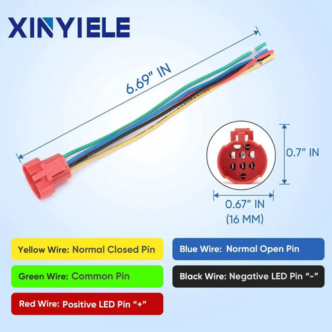 Wiring socket plug for 12V Latching Push Button Switch With Waterproof LED Ring Red Light, showing wire color codes and dimensions.