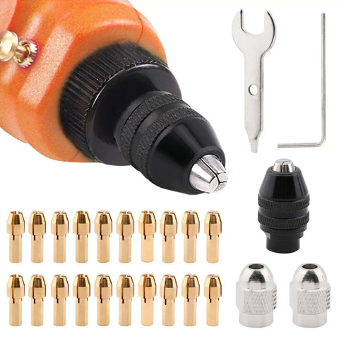 All In One Keyless Drill Chuck Collet Set For Rotary Tools 1/32 To 1/8 Inch Shanks Replacement Kit with brass collets, nuts, and wrenches