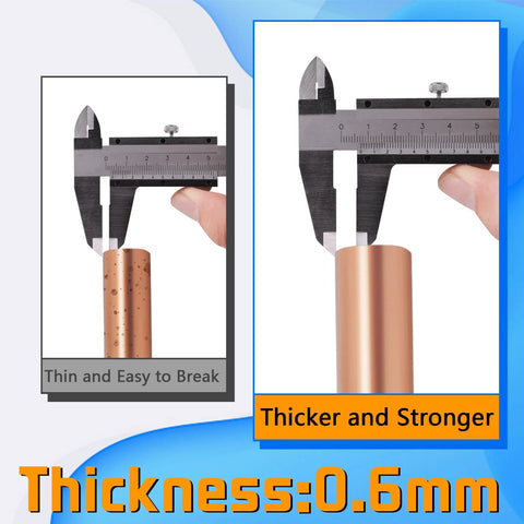 Caliper measures copper HVAC tube thickness 0.6 mm; panels compare thicker and stronger vs thin.