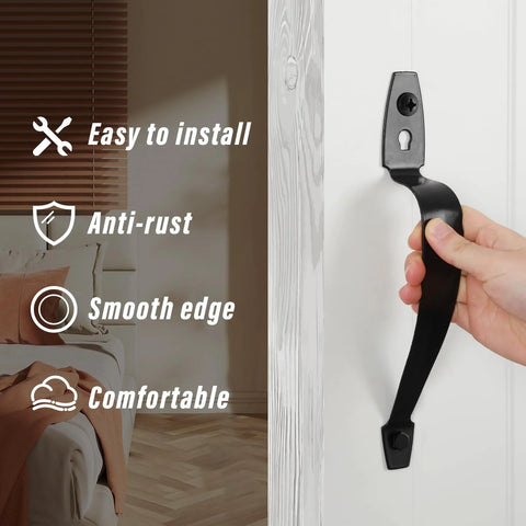 Beefy 10 Inch Barn Door Handle Set, Black Metal Gate Pulls For Wooden Fences And Sheds, hand holding handle on white door