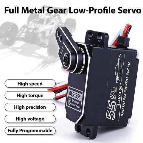 High Torque 55Kg Low Profile Programmable Brushless Digital Servo for 1 to 10 Drift Cars with metal gears