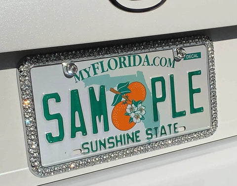 Elegance Chrome License Plate Frame With Diamond Bling And Fastener Caps, 144 Simulated Diamonds, 6mm on Florida plate