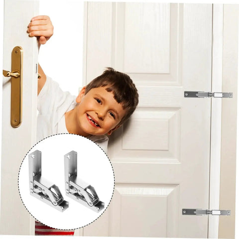 Child peeking behind a door fitted with 2 Pack Hidden Folding Cabinet Hinges For Furniture, Invisible Brackets image overlay.