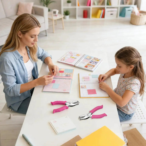 Mother and daughter using Sweet Two Size Hole Punch Set With Soft Grip Handle One Quarter Inch And One Eighth Inch Punches Eight Sheet Capacity Includes Scrap Container Perfect For Paper Crafts Scrapbooks Tags And Tickets for scrapbooking.