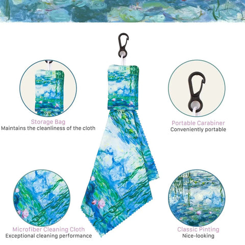 Double Sided Microfiber Glasses Cleaning Cloth for Lenses Screens Cameras with clip-on carabiner and protective pouch