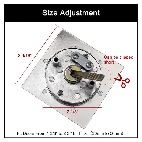 Pocket Door Lock With Key Privacy Door Hardware For Bedroom And Bath Inset Two Sided Lock With Two And Three Eighths Backset Fits Doors From One And Three Eighths To Two And Three Sixteenths Inches Thick Hidden Hardware Silver Finish Easy Install, showing size adjustment for fit with measurements.