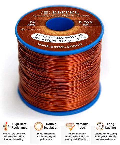 24 AWG enameled pure copper magnet wire spool, 1 lb, EMTEL