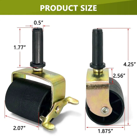 Six Piece Heavy Duty Locking Metal Casters For Bed Frame Replacement Wheels with dimensions and secure locks shown