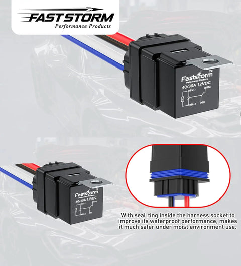 Five Pack Four Pin Forty And Thirty Amp 12V DC Waterproof Relays with Tinned Copper Wires Dual Relay SPDT for Fuel Pump and Fan