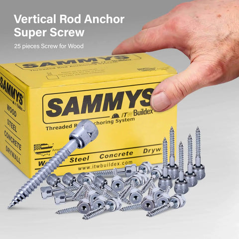 Wood Mount Vertical Threaded Rod Anchor For Easy Install No Pre Drilling Required Three Eighths Inch By Two And A Half Inch Screw Length Zinc Plated Steel Pack Of Twenty Five shown with box and hand