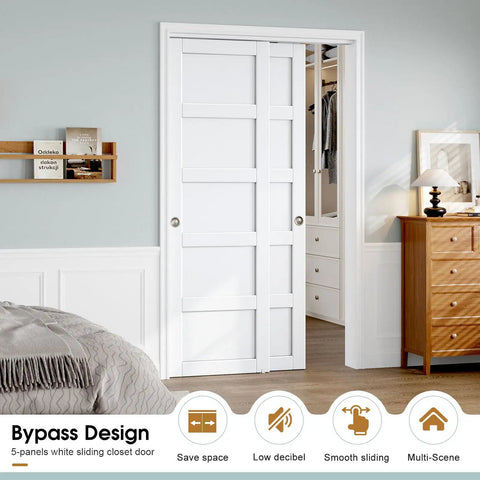 Sliding Closet Door 48x80 Inches, Five Panel Bypass Barn Doors With Concealed Hardware Track Kit Included, White Finish
