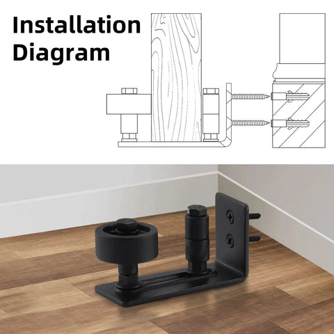 Barn Door Floor Guide Set Black Powder Coated Carbon Steel Construction With Durable POM Nylon Rollers 8 In 1 Adjustable Rollers Sliding Guides Floor Mount For Recessed Flush Bottom Design Ideal For Heavy Doors 2 Pack shown installed on floor with installation diagram above