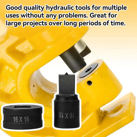 Square Punch Die For CH-70 Hydraulic Press 6.5 By 6.5 mm with yellow hydraulic tool in background