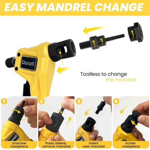 Process of changing mandrel on the Rivet Nut Tool Kit For Tight Spaces 8 Inch Right Angle Hand Rivnut Tool With 96 Rivnuts And 8 Mandrels M3 To M6 6 32 8 32 10 24 1 4 20 Includes Durable Carrying Case.