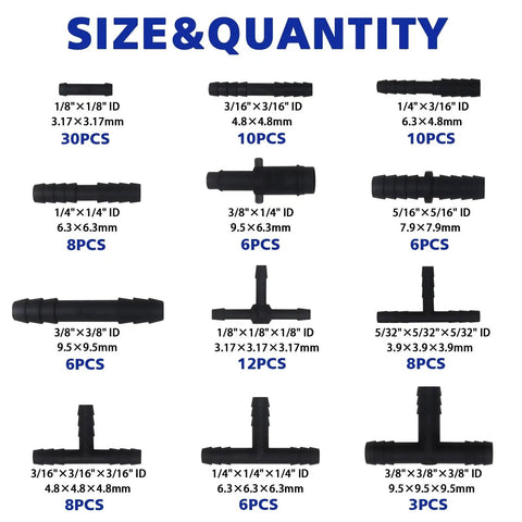 Size chart for Nylon 66 Vacuum Connector Kit for Automotive Hoses 113 Piece Assortment Heat Resistant to 240C 460F in black nylon.