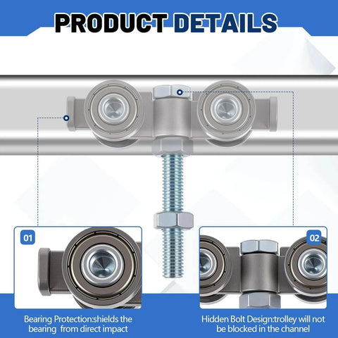 Close-up of Eight Pack 4 Wheel Silent Trolley Assembly Rollers for 1-5/8 inch wide strut channels with M10 bolt design, highlighting bearing protection and hidden bolt feature.