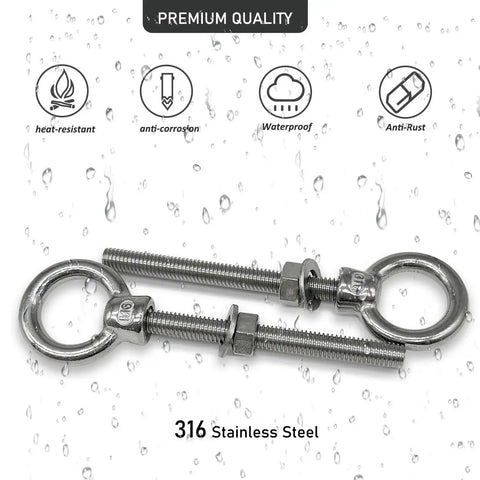 Two Pack Heavy Duty Eyebolts One Half Inch By Five And One Eighth Inch With Nuts And Washers 316 Stainless Marine Grade