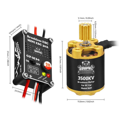 Beefed-Up 30A Brushless ESC And 3500KV Outrunner Motor For 1 18 Scale TRX4M Ascent-18 Redcat RC Crawler Buggy With Dual LED Signal And Power Lights For Easy Connection Check, showing ESC and motor dimensions.