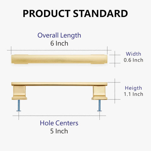 Diagram of 10 Pack Brushed Gold Cabinet Handles 6 Inch Length With 5 Inch Center To Center Hole showing dimensions.