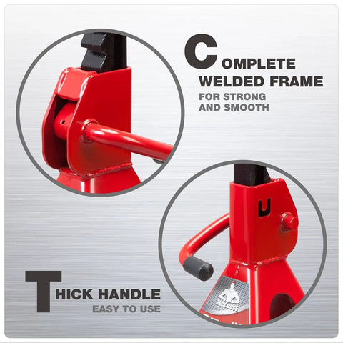 Close-up of Low Profile 2 Ton Jack Stands Set For Cars 2 Pack 9.8 To 15 Inch Lift Range showing welded frame and handle.