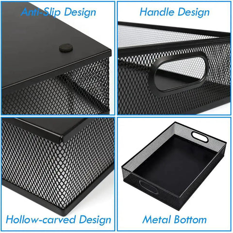 All Purpose No Fuss A4 Sized Metal Mesh Desk Drawer Organizer Tray Set details including anti-slip, handles, mesh, and bottom features.