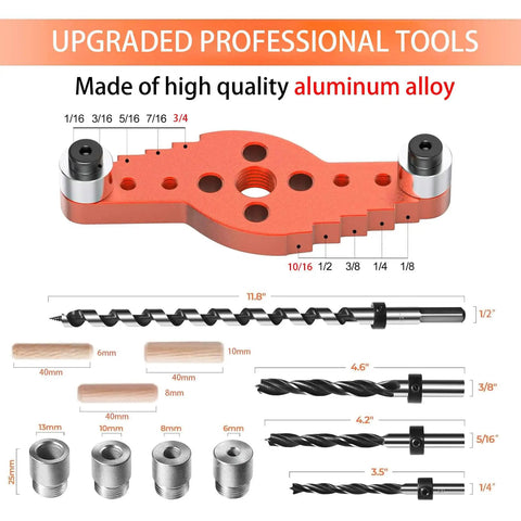 Pro Grade Dowel Jig Kit for Floating Shelves and Hidden Brackets with One Half Inch Drill Bit and Self Centering Scriber Including One Quarter Inch Five Sixteenths and Three Eighths Drill Bits Drill Guide for Mantels Centering Holes for DIY Orange, showcasing aluminum jig, various drill bits, and sleeves.