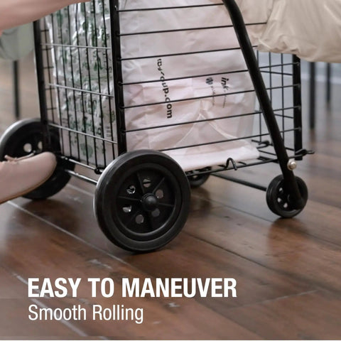 Folding Shopping Cart With Wheels For Grocery And Laundry, Lightweight Yet Durable Trolley in use on floor, close-up of wheels.