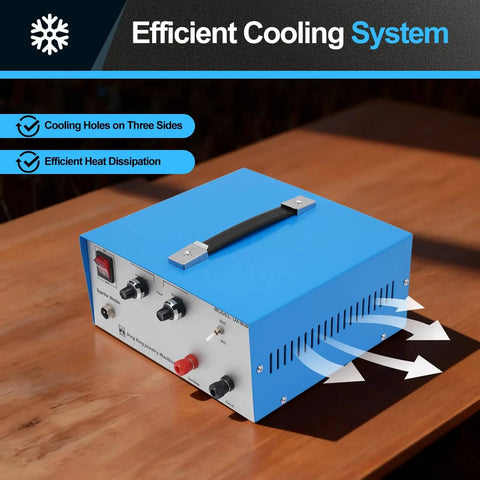 Blue housing of Pro Grade 110V Portable Spot Welder Kit With Pedal Switch showing cooling system on table