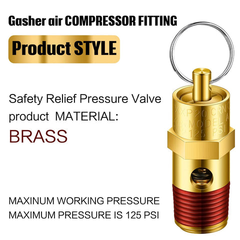 Brass pressure relief valve, 1/4 in NPT, for air compressors, 125 psi, 4-pack