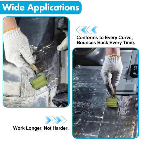 Worker using seam roller with dual ball bearings for professional application in automotive sound deadening projects.