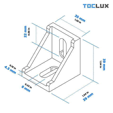 Technical drawing of a bracket from the 10 Sets Black 4040 Aluminum Extrusion Corner Bracket Kit with measurements in millimeters and inches.