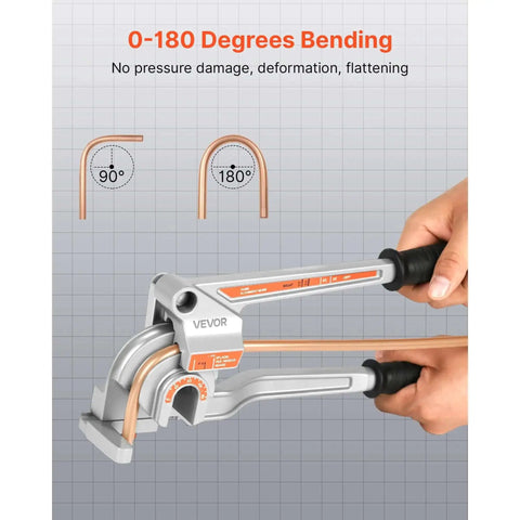 Hand using 3 In 1 Tube Bender For Copper And Aluminum Pipes, Handy Manual Level Bending Tool For One Quarter, Three Eighths, And One Half Inch OD